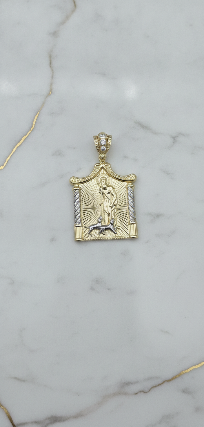 Dije Altar San Lázaro Bicolor con Columnas Salomónicas y Reasa con Zirconias en Oro 10K (8.68g)