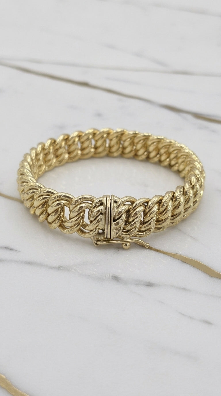 Manilla Tejido Doble Eslabón Trenzado Princess Cut en Oro 10K (7.5") - 15.00g