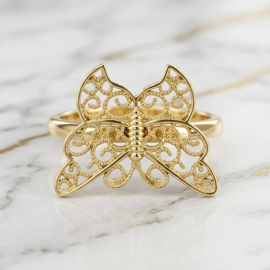 Anillo Mariposa Filigrana Calada Oro Sólido 10K Talla 7 2.25g