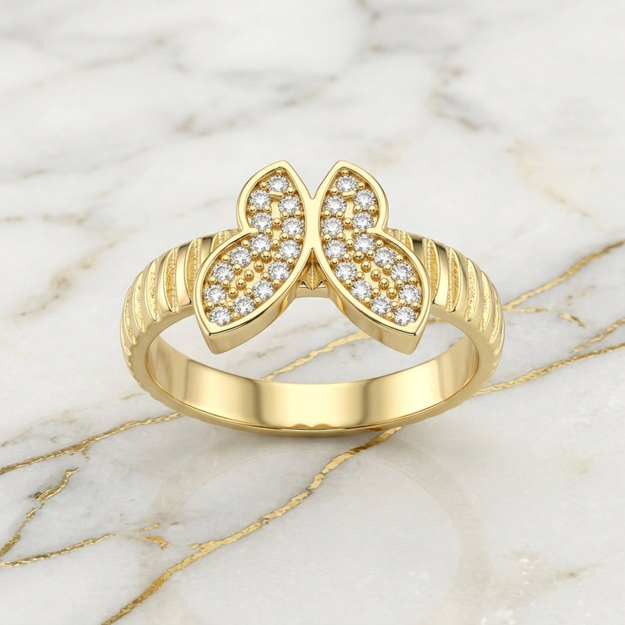 Anillo Mariposa Pavé Oro Sólido 10K Banda Acanalada Talla 9 2.11g