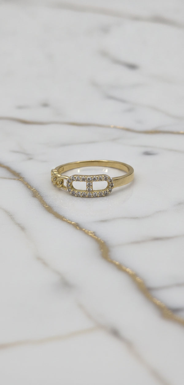 Anillo Eslabón Marinero con Pavé de Zirconias y Cadena Cubana en Oro Sólido 10K (Talla 7.5) - 1.36g