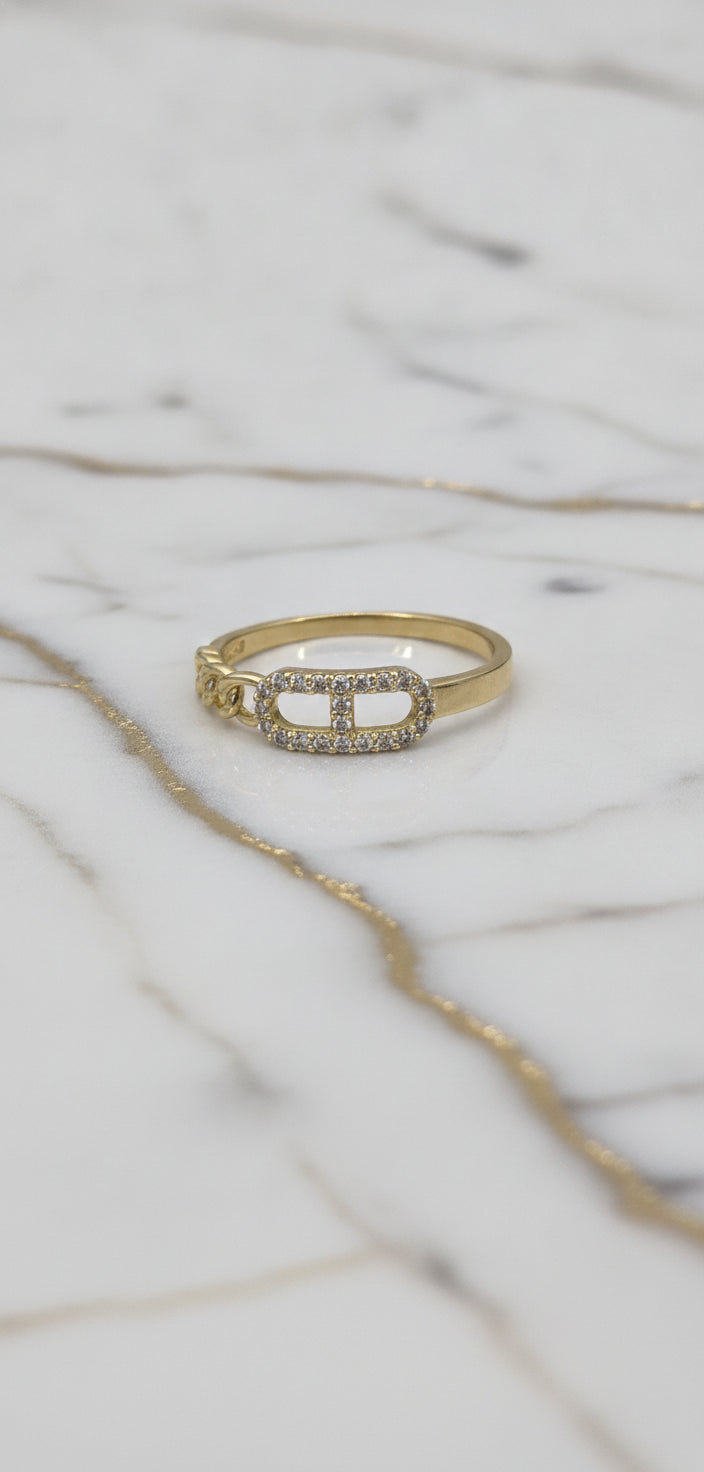 Anillo Eslabón Marinero con Pavé de Zirconias y Cadena Cubana en Oro Sólido 10K (Talla 7.5) - 1.36g