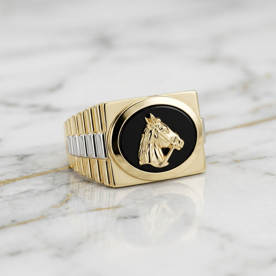 Anillo Sello Caballo en Ónix Negro de Oro 10K Bicolor para Hombre (Talla 10) - 5.40g