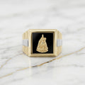 Anillo Sello Virgen de la Caridad del Cobre en Ónix Negro y Oro 10K Bicolor (Talla 10) - 5.29g
