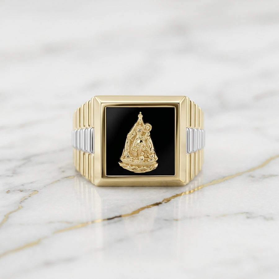 Anillo Sello Virgen de la Caridad del Cobre en Ónix Negro y Oro 10K Bicolor (Talla 10) - 5.29g