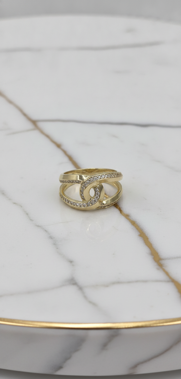 Anillo Entrelazado de Doble Aro con Pavé de Zirconias en Oro Amarillo Sólido 10K (Talla 7.5) - 2.77g