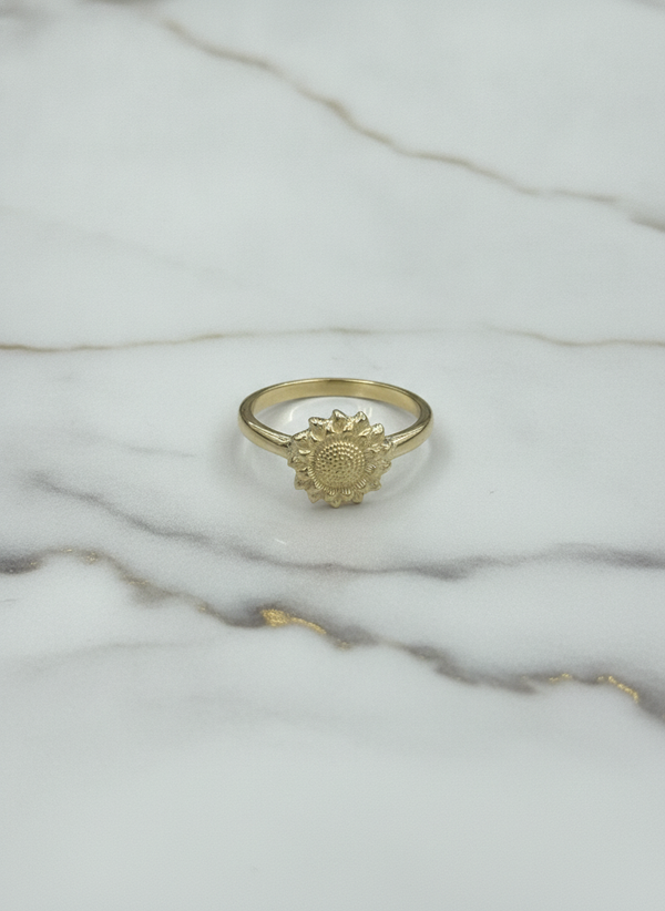 Anillo Flor de Girasol Esculpida en Oro Amarillo 10K - 2.12g
