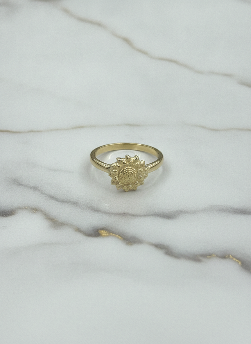 Anillo Flor de Girasol Esculpida en Oro Amarillo 10K - 2.12g