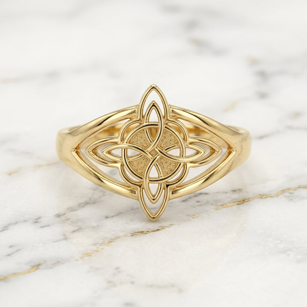 Anillo Nudo Celta Cuatrifolio Calado en Oro Amarillo 10K - 1.59g