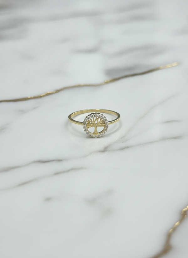 Anillo Árbol de la Vida Calado con Halo de Zirconias en Oro Amarillo 10K - 0.94g