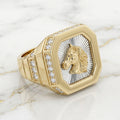 Anillo Sello Octagonal de Caballo Bicolor con Rayos en Oro Blanco y Hombros Escalonados con Circonias en Oro 10K (Talla 11) - 5.79g