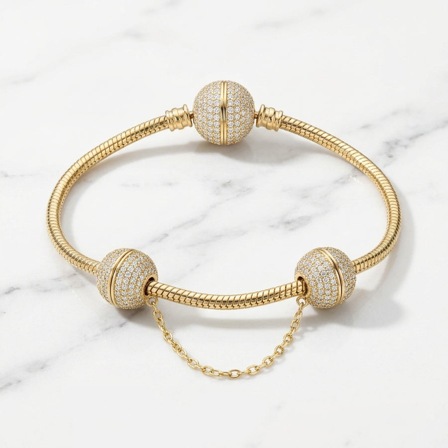 Pulsera Tejido Serpiente Estilo Pandora con Esfera Pavé y Cadena de Seguridad en Oro 10K (8") - 10.31g