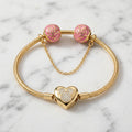 Pulsera Tejido Serpiente Estilo Pandora con Corazón Silueta Mickey Pavé y Cadena de Rosas en Oro 10K (8") - 9.72g