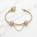 Pulsera Tejido Serpiente Estilo Pandora con Corazón Silueta Mickey Pavé y Cadena de Rosas en Oro 10K (8") - 9.72g