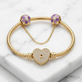 Pulsera Tejido Serpiente Estilo Pandora con Corazón Cerradura Pavé y Cadena de Flores Lilas en Oro 10K (8") - 9.75g