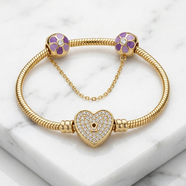 Pulsera Tejido Serpiente Estilo Pandora con Corazón Cerradura Pavé y Cadena de Flores Lilas en Oro 10K (8") - 9.75g