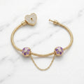 Pulsera Tejido Serpiente Estilo Pandora con Corazón Cerradura Pavé y Cadena de Flores Lilas en Oro 10K (8") - 9.75g