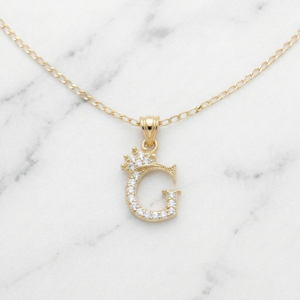 Dije Letra Inicial G con Corona y Zirconias en Oro Sólido Amarillo 10K (0.91g)