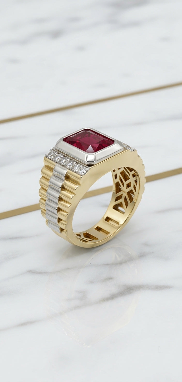 Anillo de Caballero Estilo Eslabón de Reloj Bicolor con Piedra Roja Rectangular y Zirconias en Oro 10K (5.23g)