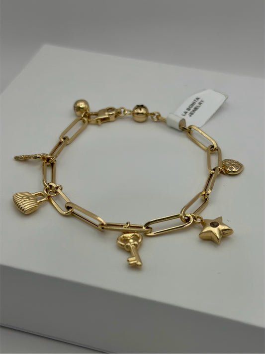 Pulsera Paper Clip con Charms 10k 7"
