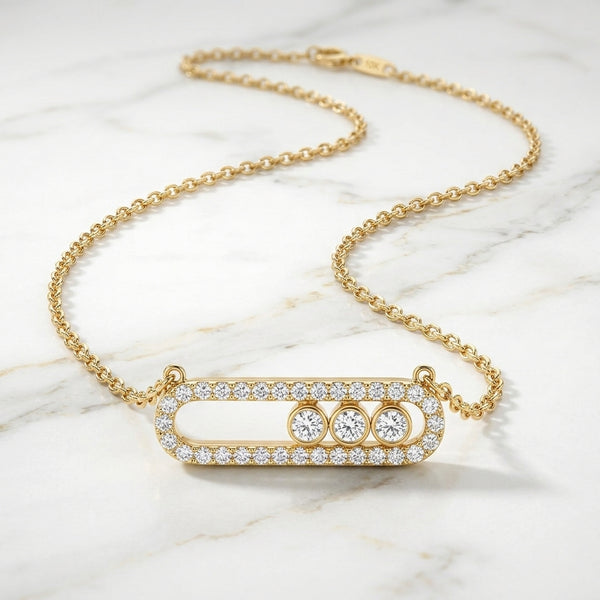 Collar con Dije Ovalado Pavé y 3 Piedras Móviles en Oro 10K (4.60g)