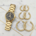 Combo Exclusivo: Reloj Seiko 5 Automático Dorado + Set de 3 Argollas Torcidas Nevadas en Oro 10K (4 Prendas)