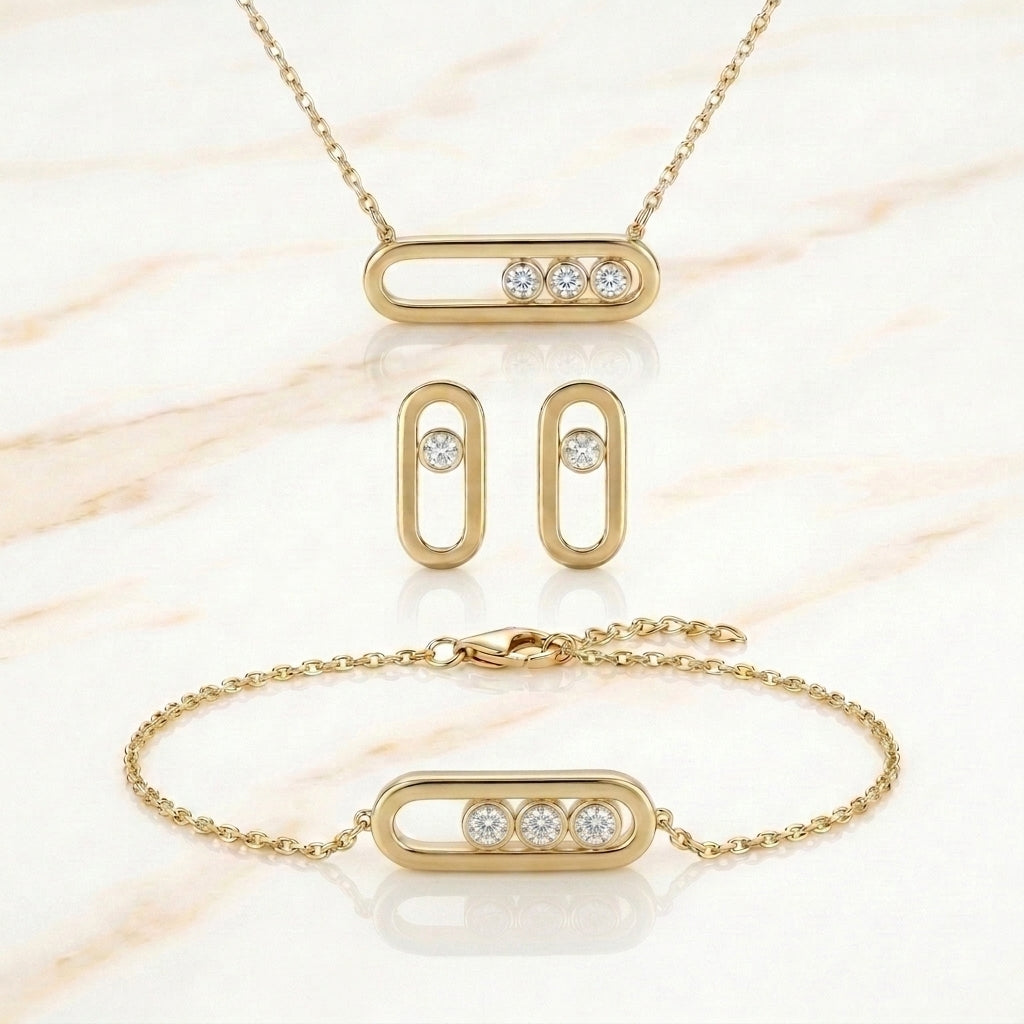 Combo Set 3 Piezas ($999): Collar + Pulsera + Aretes Marco Ovalado Liso con Piedras Móviles en Oro 10K (9.36g)