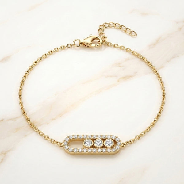 Pulsera con Dije Ovalado Pavé y 3 Piedras Móviles en Oro 10K (2.97g)