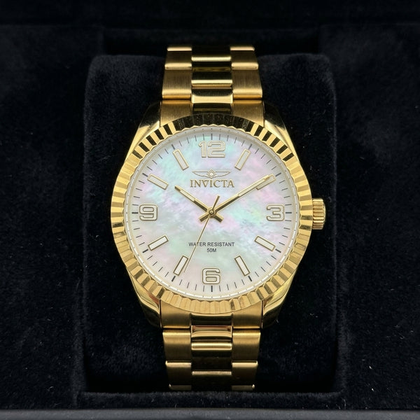 Reloj Invicta Cuarzo Dorado para Hombre — Esfera Blanca Nácar 50M con Números 12-3-6-9 y Brazalete Oyster (De Pila / No Oro) - 1435